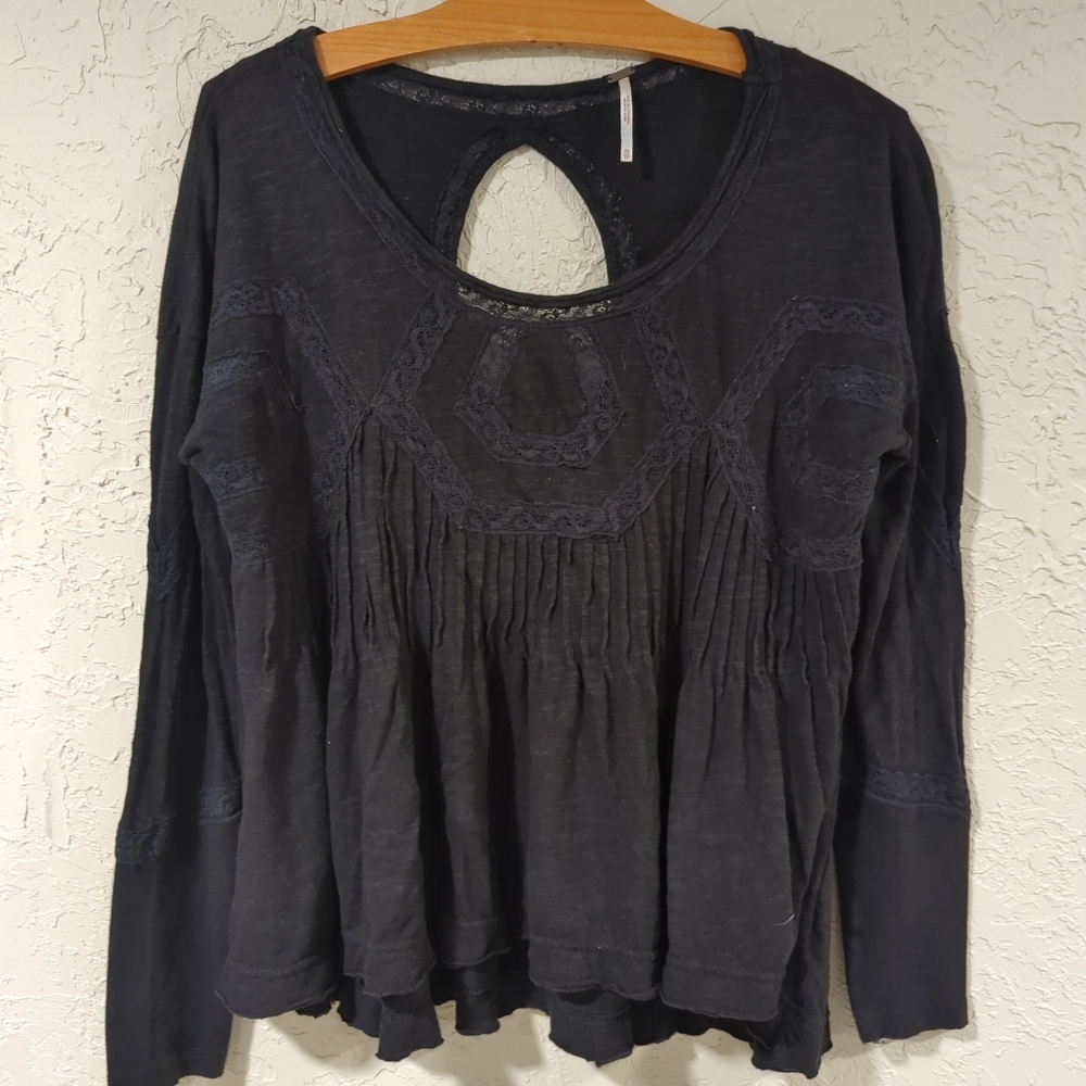 Free People Black Flowy Longsleeve Top - Women's XS Boho Keyhole Lace Simple